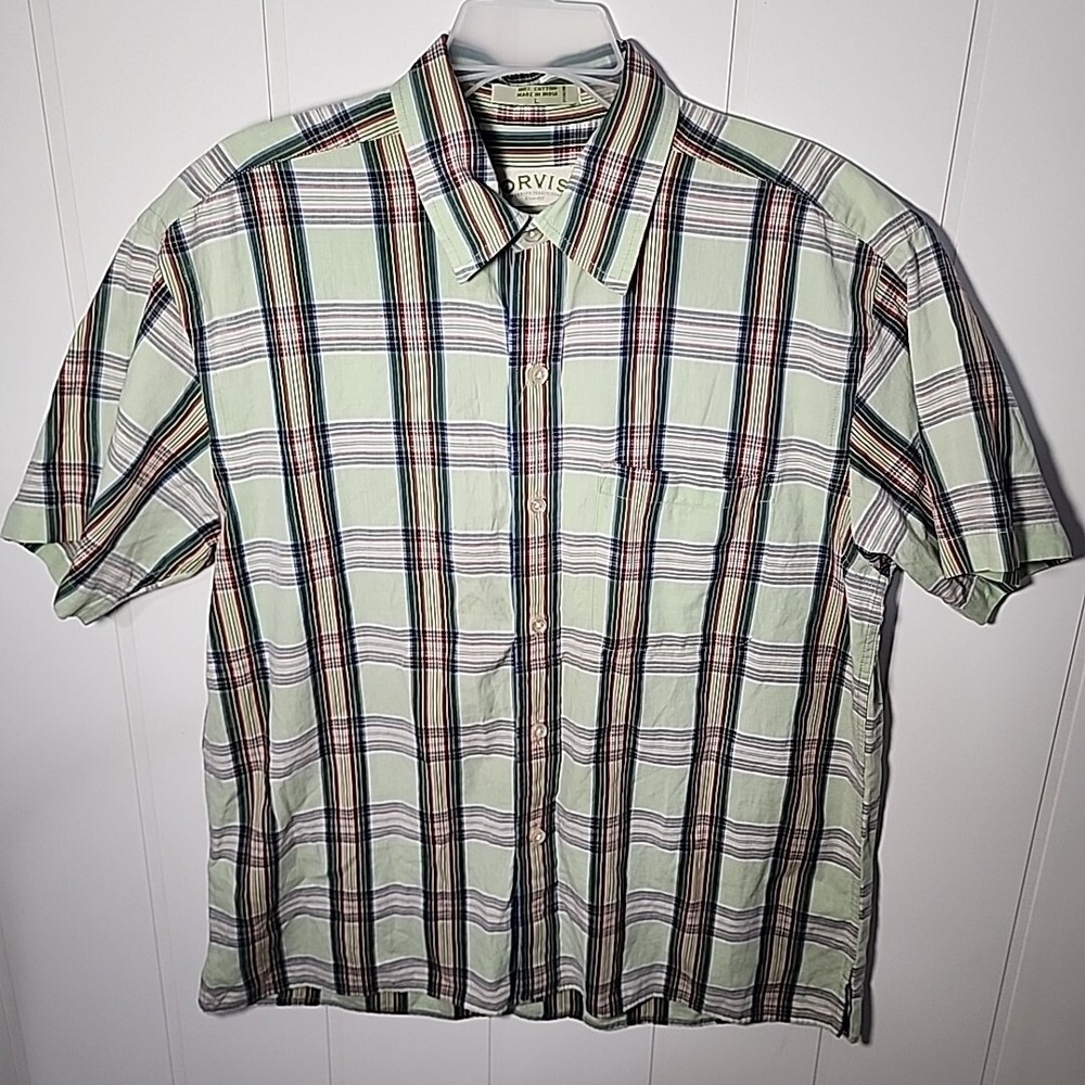 ORVIS Short Sleeve Shirt Green Plaid 100%‎ Cotton Fishing Large L
